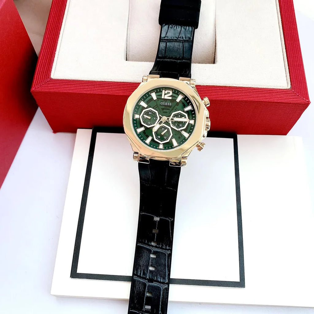 Guess Edge Chronograph Green Dial Black Leather Strap Watch For Men - GW0492G3 Buy Now By Guess