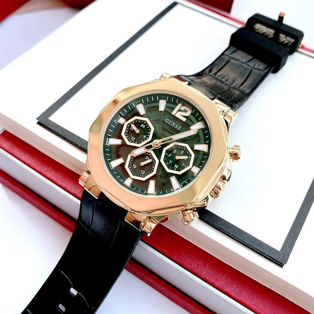 Guess Edge Chronograph Green Dial Black Leather Strap Watch For Men - GW0492G3 Buy Now By Guess