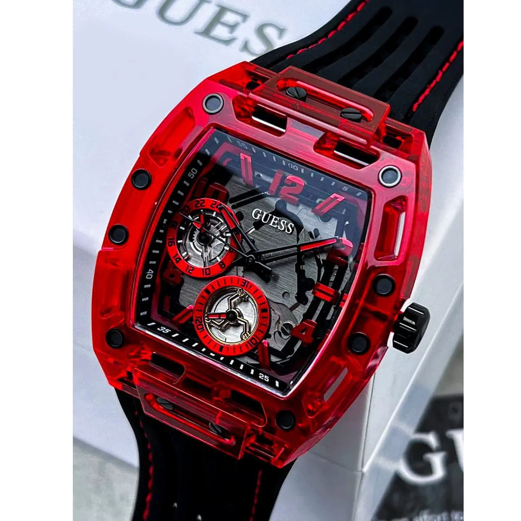 Guess Phoenix Multifunction Analog Red Dial Black Silicone Strap Watch For Men - GW0499G4 Buy Now By Guess