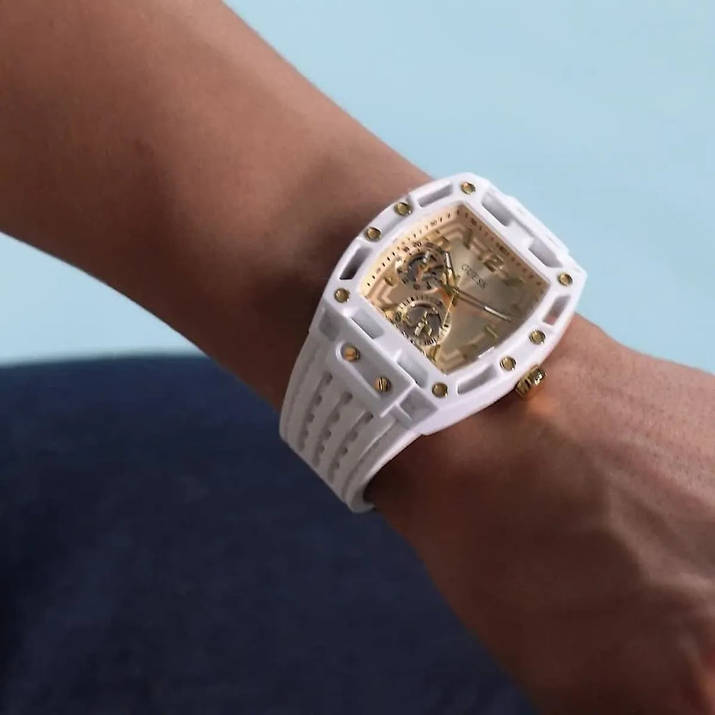 Guess Phoenix Analog Gold Dial White Silicone Strap Watch For Men - GW0499G5 Buy Now By Guess