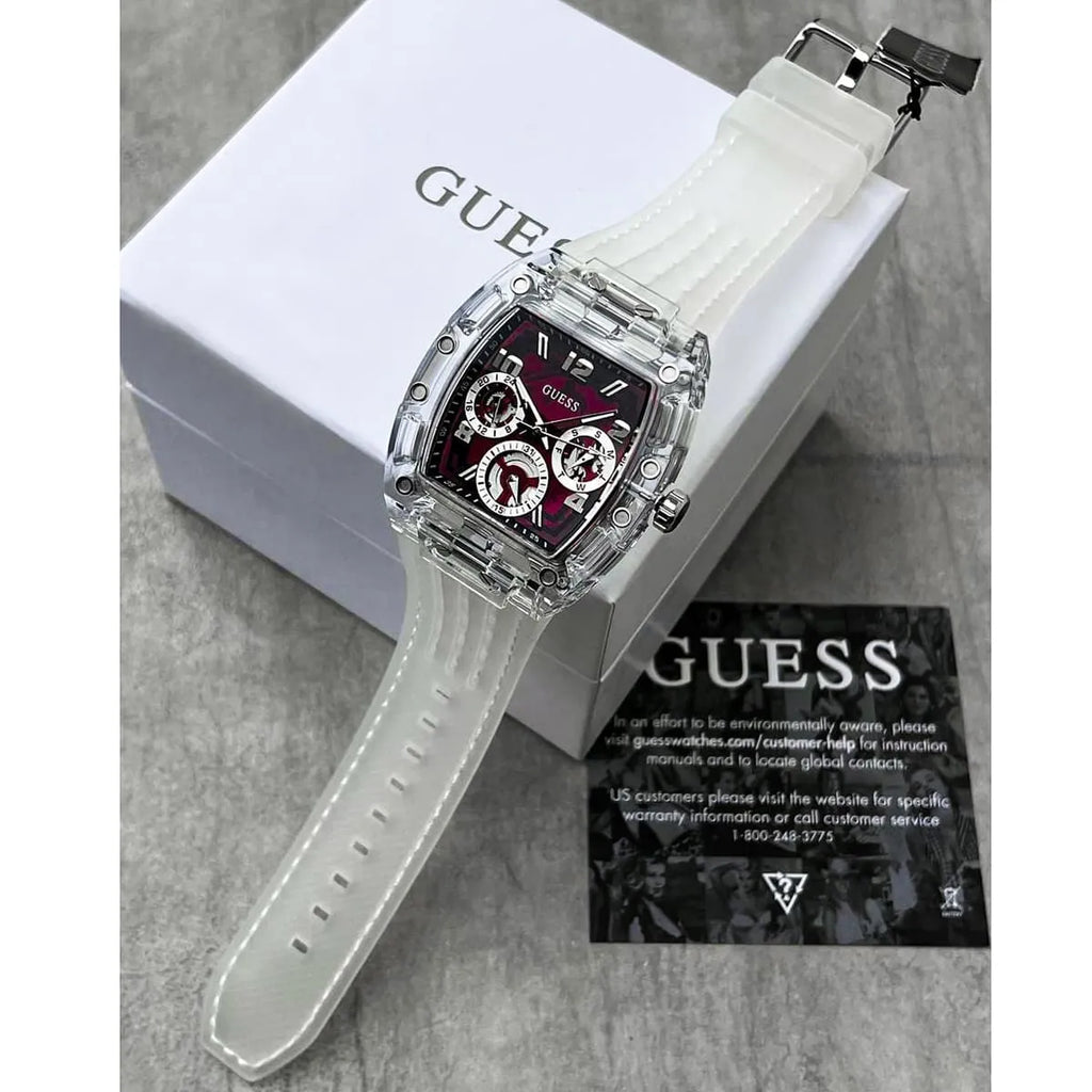 Guess Phoenix Quartz Burgundy Dial Transparent Silicone Strap Watch For Men - GW0499G9 Buy Now By Guess