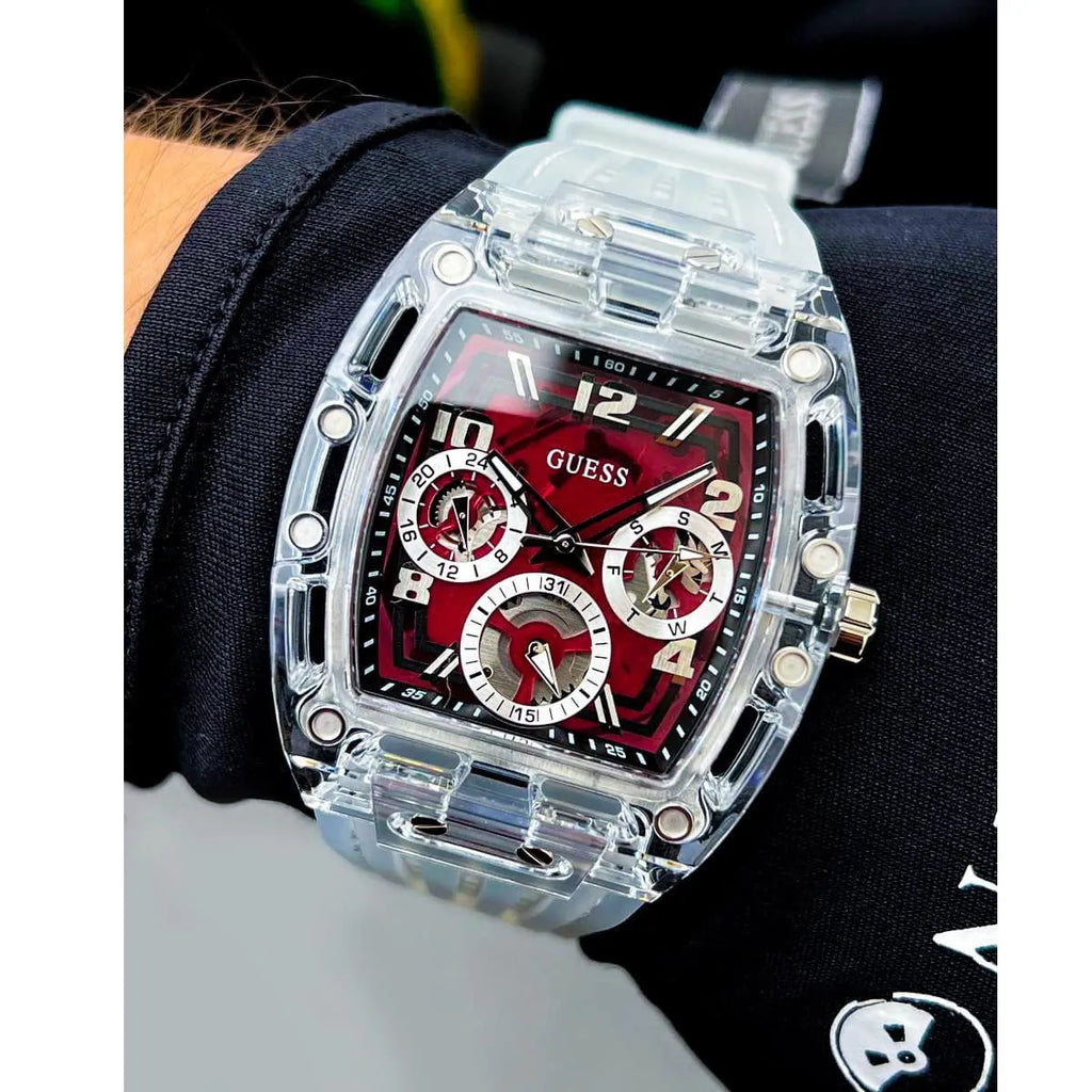 Guess Phoenix Quartz Burgundy Dial Transparent Silicone Strap Watch For Men - GW0499G9 Buy Now By Guess