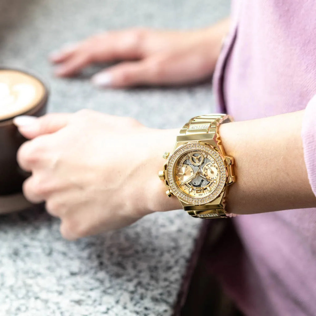 Guess Fusion Chronograph Gold Dial Gold Steel Strap Watch for Women - GW0552L2 Buy Now By Guess