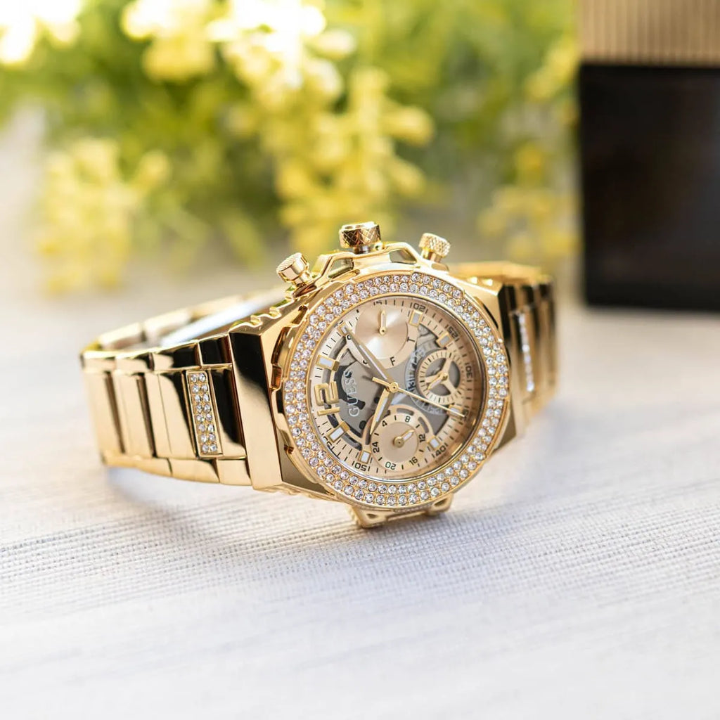 Guess Fusion Chronograph Gold Dial Gold Steel Strap Watch for Women - GW0552L2
