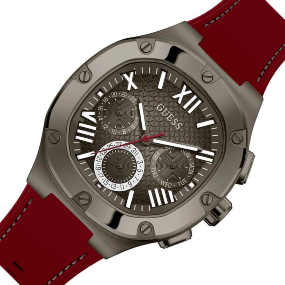 Guess Headline Multifunction Grey Dial Burgundy Silicone Strap Watch For Men - GW0571G4 Buy Now By Guess