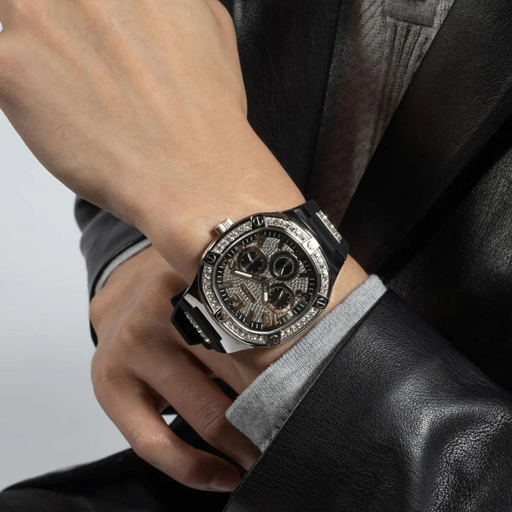 Guess Duke Crystals Black Dial Black Silicone Strap Watch For Men - GW0641G1 Buy Now By Guess