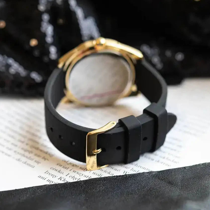 Guess Cubed Analog Gold Dial Black Silicone Strap Watch For Women - GW0665L1 Buy Now By Guess