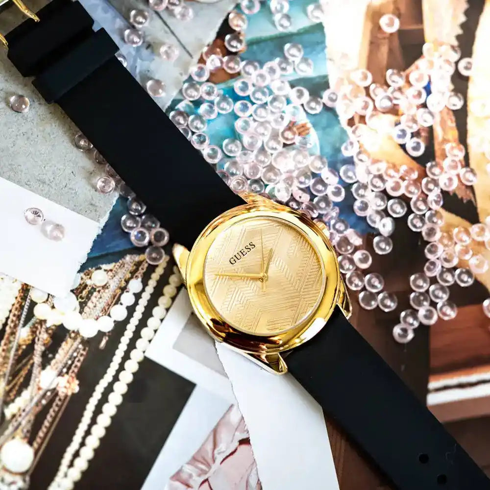Guess Cubed Analog Gold Dial Black Silicone Strap Watch For Women - GW0665L1 Buy Now By Guess