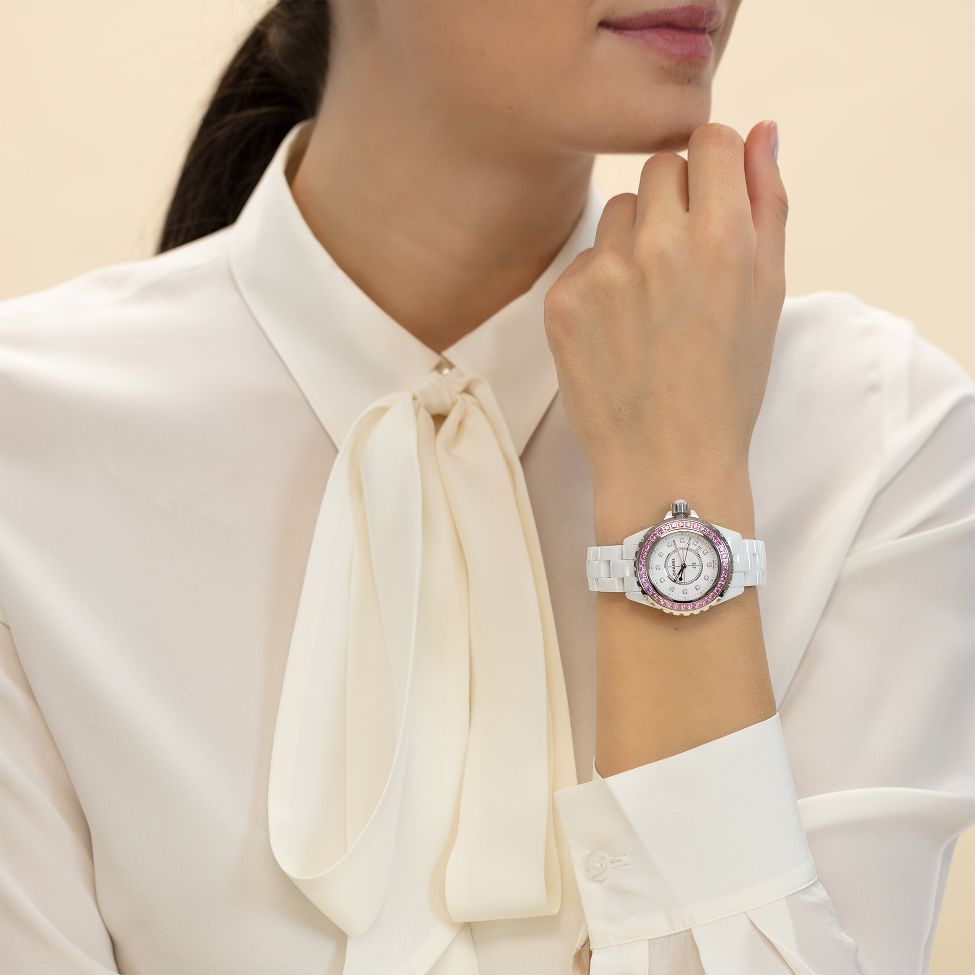 Chanel J12 Sapphire Bezel Ceramic White Dial White Steel Strap Watch for Women - J12 H2010 Buy Now By Chanel
