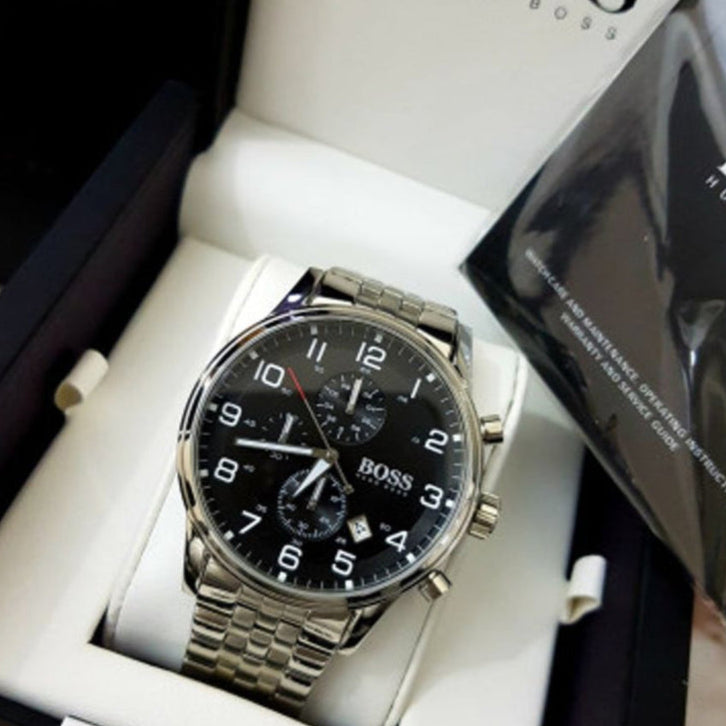 Hugo Boss Aeroliner Chronograph Black Dial Silver Steel Strap Watch For Men - 1512446 Buy Now By Hugo Boss