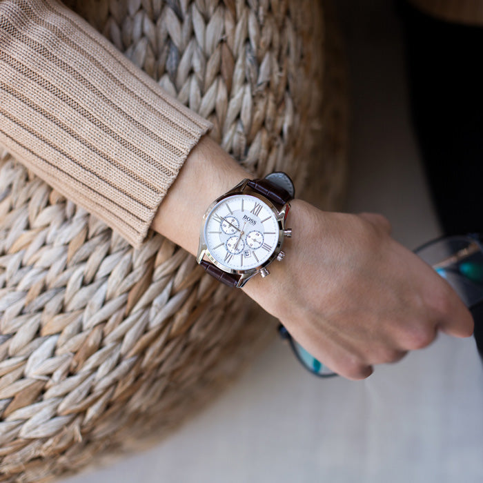 Hugo Boss Ambassador Chronograph Silver Dial Brown Leather Strap Watch For Men - HB1513195 Buy Now By Hugo Boss