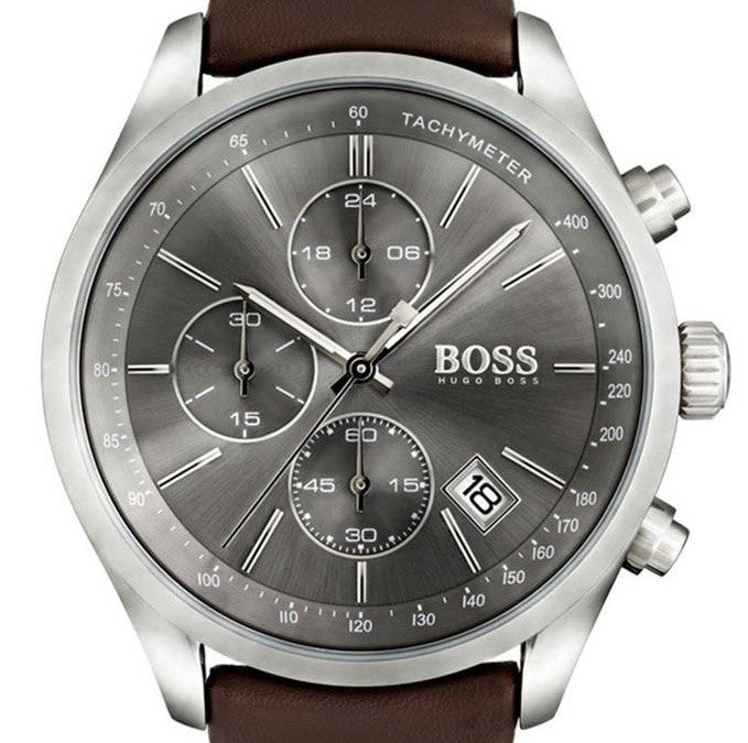 Hugo Boss Grand Prix Grey Dial Brown Leather Strap Watch for Men - 1513476 Buy Now By Hugo Boss