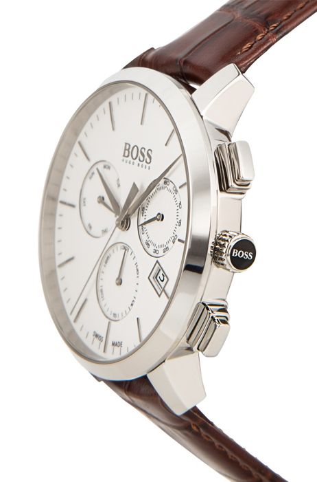 Hugo Boss Slim Chronograph White Dial Brown Leather Strap Watch For Men - 1513263 Buy Now By Hugo Boss