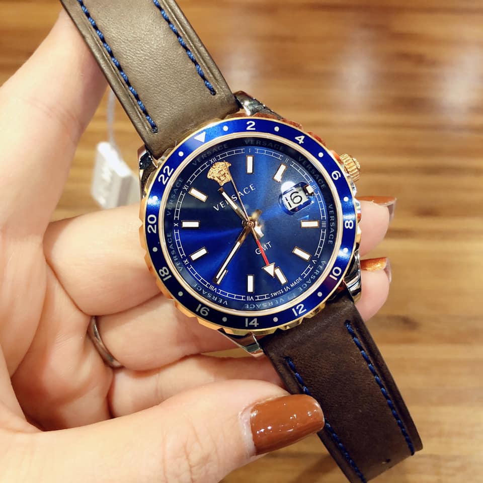 Versace Hellenyium GMT Blue Dial Brown Leather Strap Watch for Men - V11080017 Buy Now By Versace