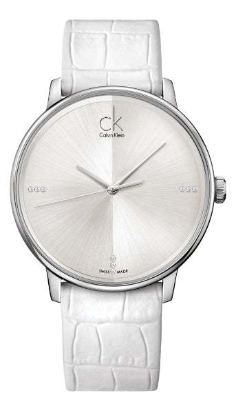 Calvin Klein Accent Silver Dial White Leather Strap Watch for Women - K2Y2Y1KW Buy Now By Calvin Klein