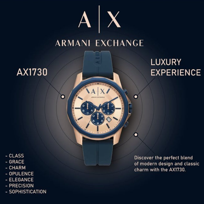 Armani Exchange Hampton Chronograph Rose Gold Dial Blue Silicone Strap Watch For Men - AX1730 Buy Now By Armani Exchange