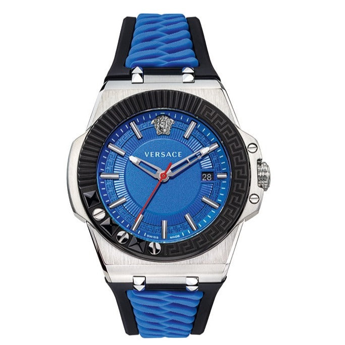 Versace Chain Reaction Quartz Blue Dial Blue & Black Leather Strap Watch for Men - VEDY00119 Buy Now By Versace