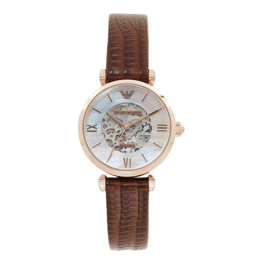 Emporio Armani Meccanico Skeleton Mother of Pearl Dial Brown Leather Strap Watch For Women - AR1993 Buy Now By Emporio Armani