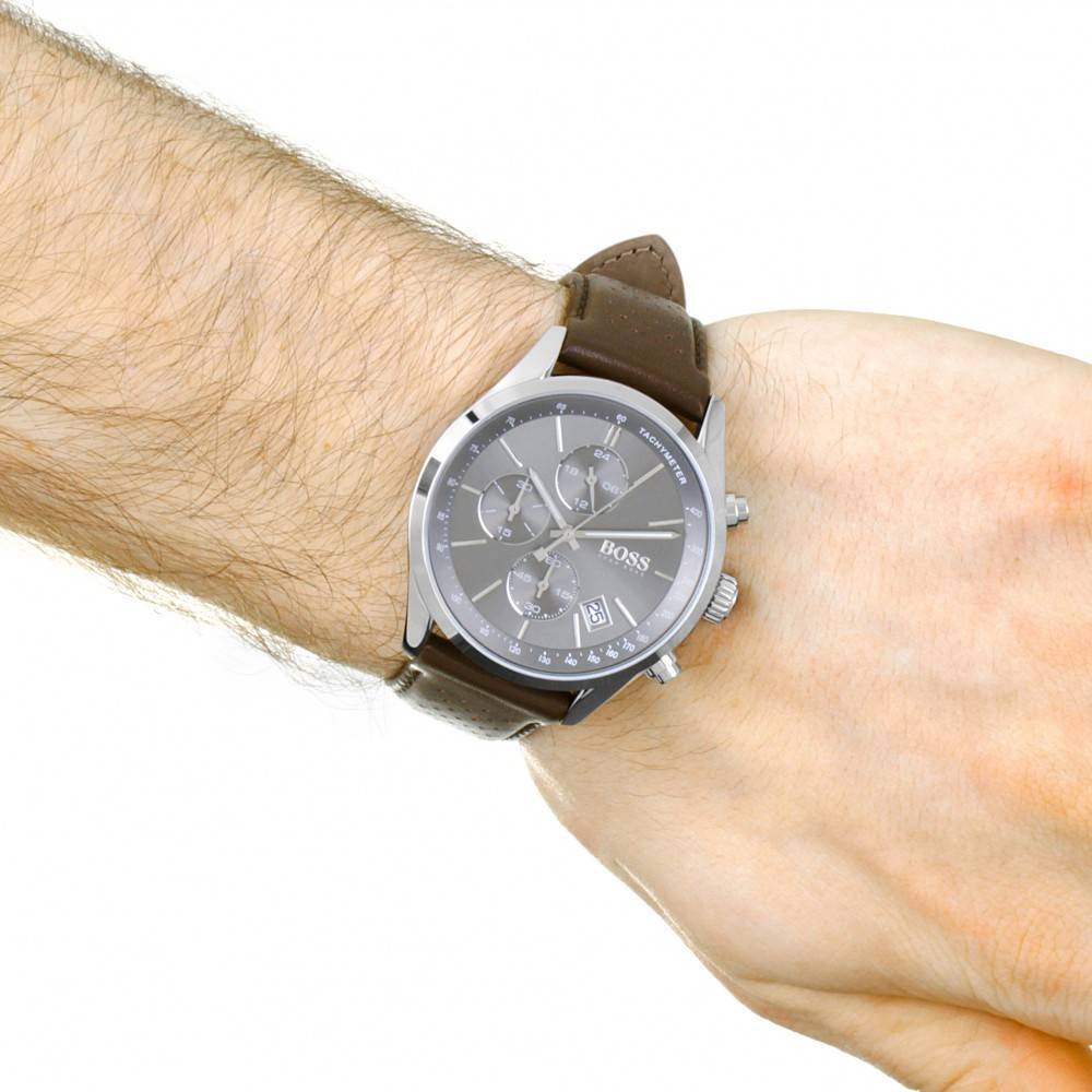 Hugo Boss Grand Prix Grey Dial Brown Leather Strap Watch for Men - 1513476 Buy Now By Hugo Boss