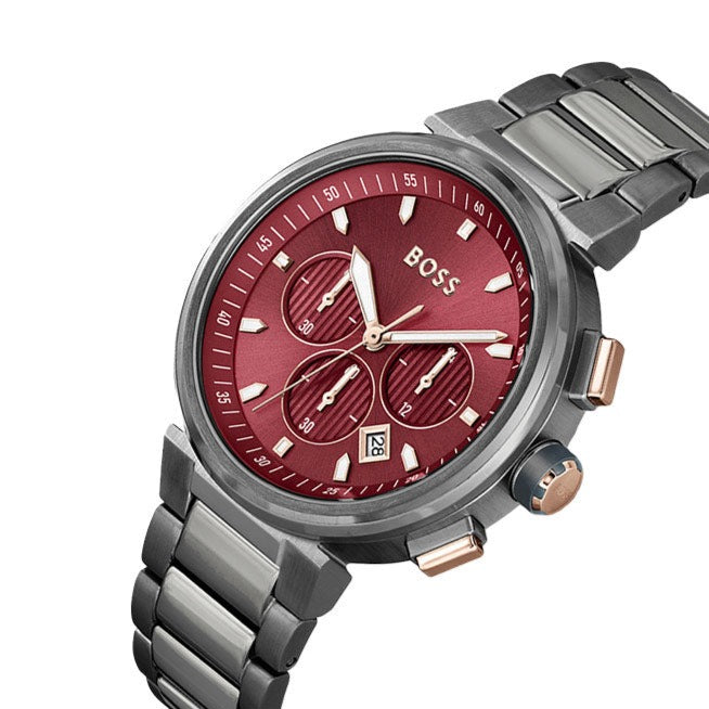 Hugo Boss One Chronograph Red Dial Grey Steel Strap Watch For Men - 1514000 Buy Now By Hugo Boss