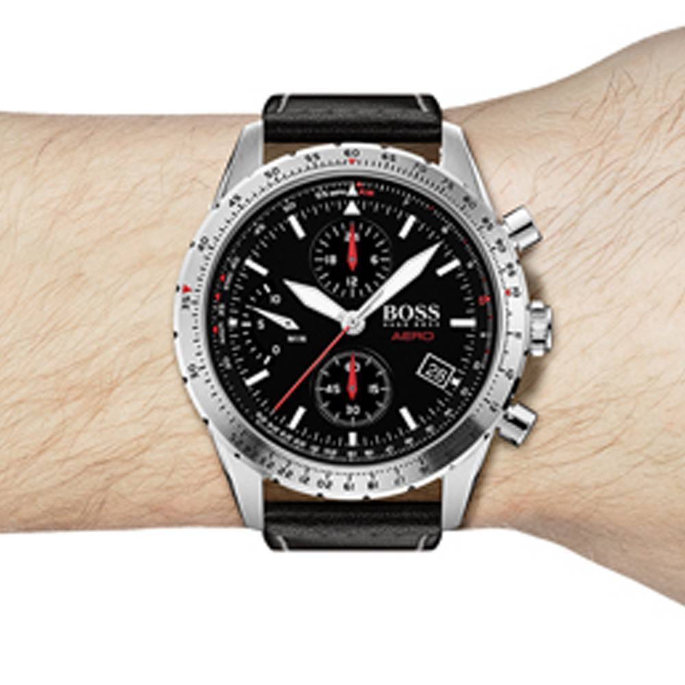 Hugo Boss Aero Chronograph Black Dial Black Leather Strap Watch for Men - 1513770 Buy Now By Hugo Boss