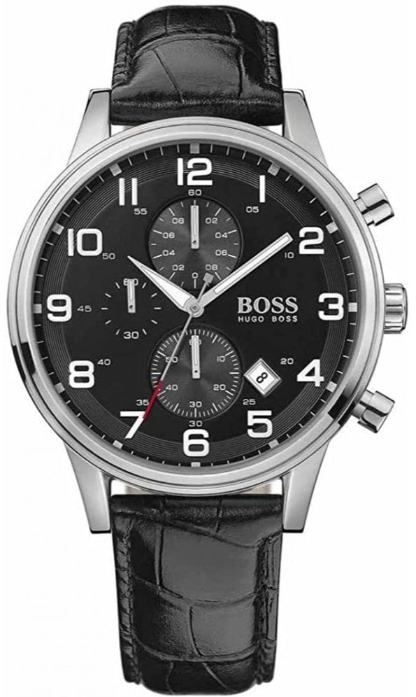 Hugo Boss Aeroliner Chronograph Black Dial Black Leather Strap Watch For Men - 1512448 Buy Now By Hugo Boss