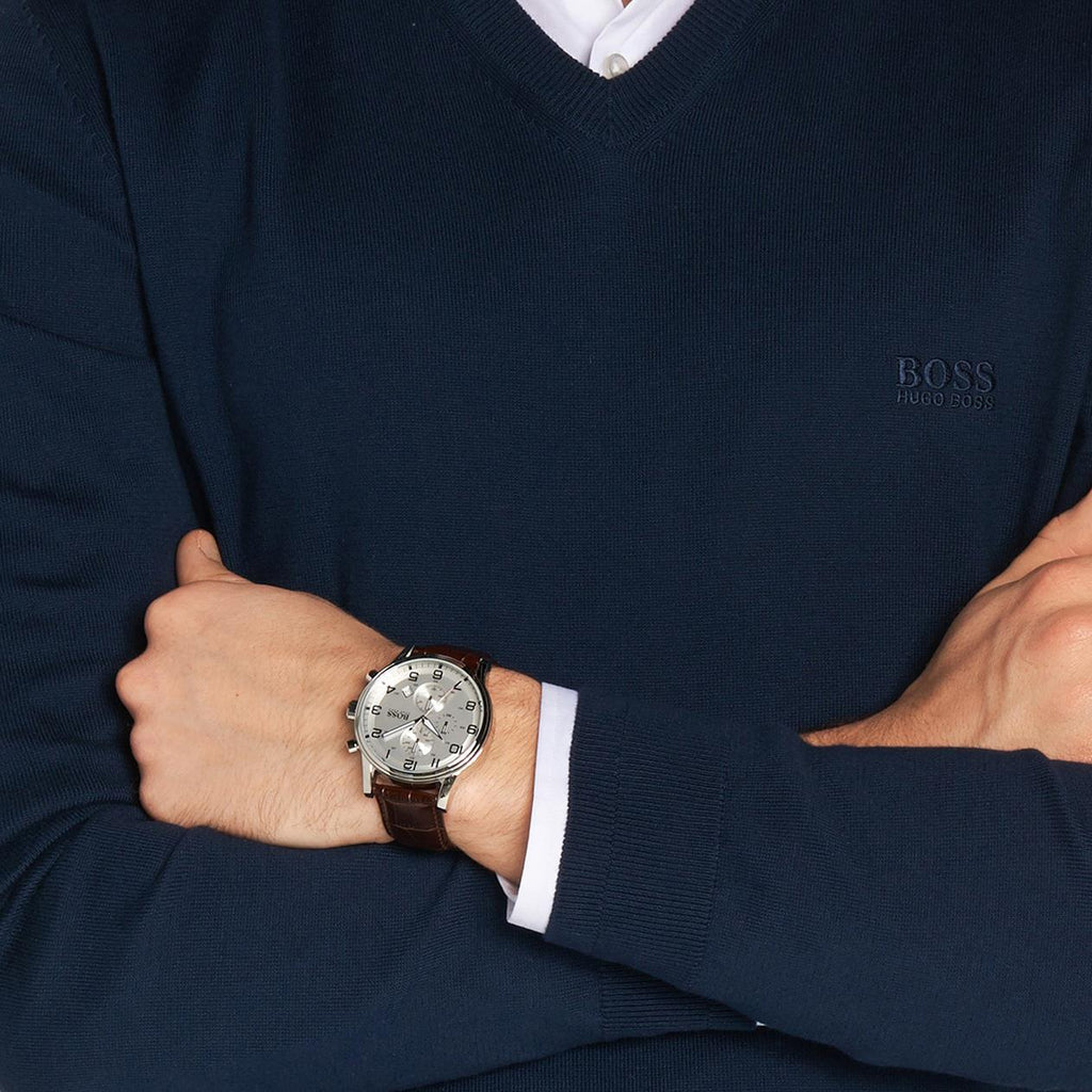 Hugo Boss Aeroliner Chronoraph White Dial Brown Leather Strap Watch For Men - HB1512447 Buy Now By Hugo Boss