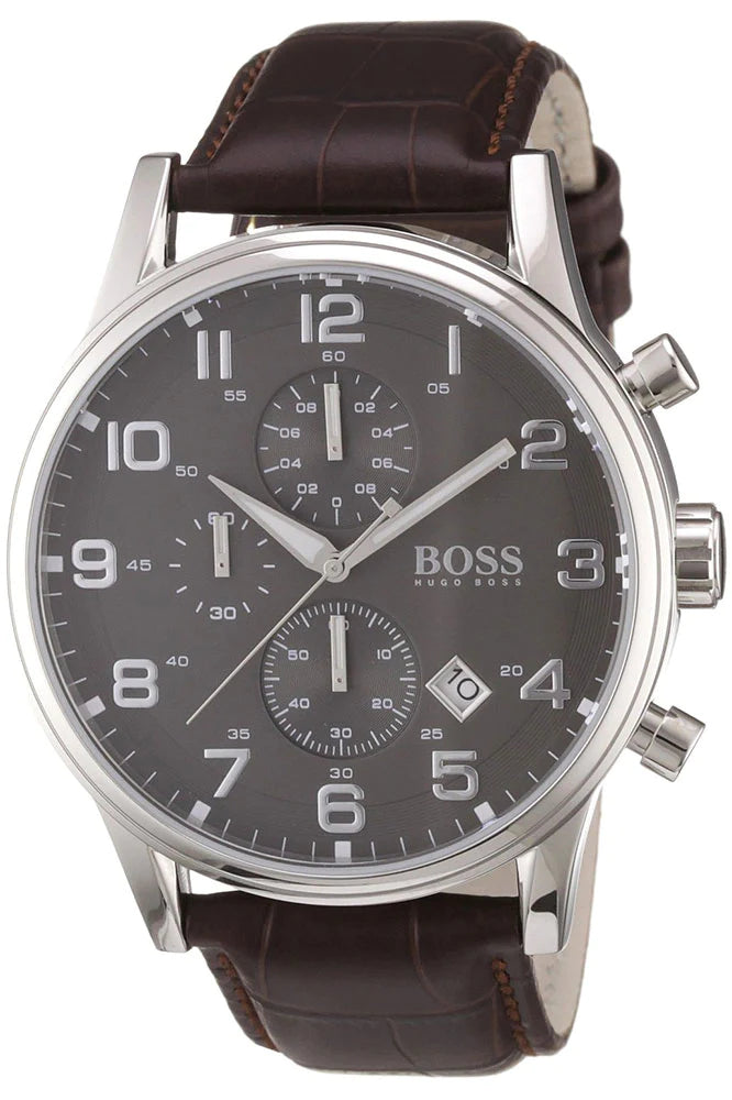 Hugo Boss Aeroliner Chronograph Quartz Grey Dial Brown Leather Strap Watch For Men - HB1512570 Buy Now By Hugo Boss