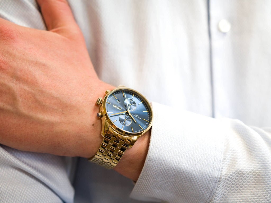 Hugo Boss Associate Blue Dial Gold Steel Strap Watch for Men - 1513841 Buy Now By Hugo Boss