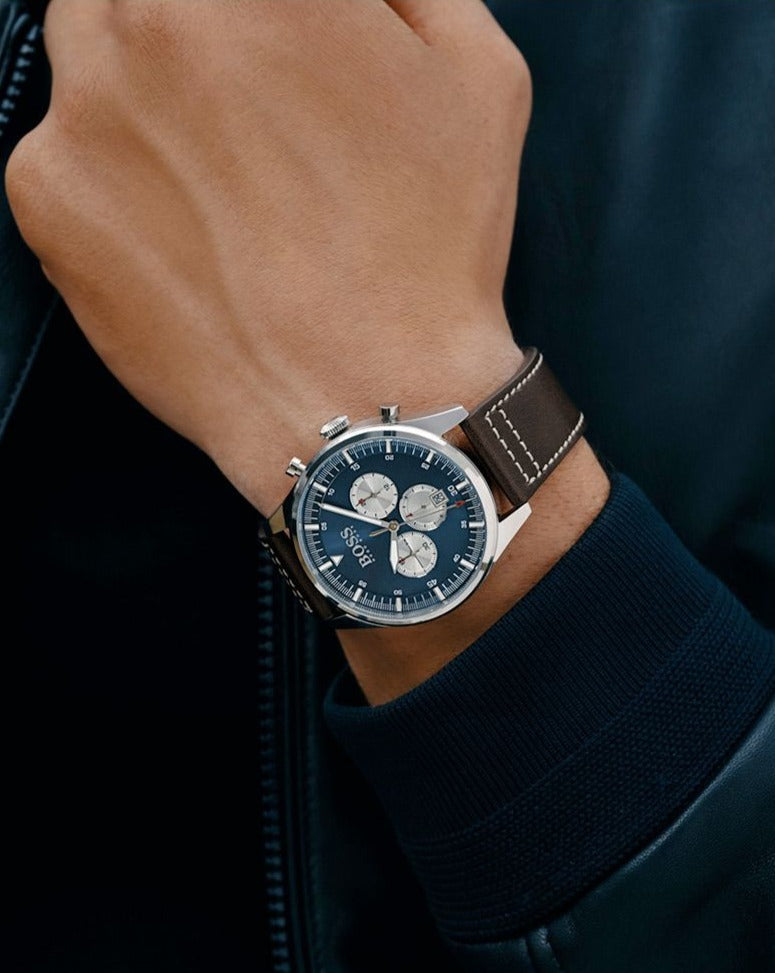 Hugo Boss Pioneer Chronograph Blue Dial Brown Leather Strap Watch For Men - 1513709 Buy Now By Hugo Boss