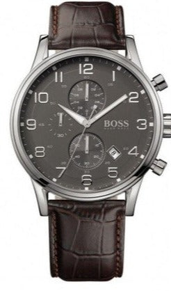 Hugo Boss Aeroliner Chronograph Quartz Grey Dial Brown Leather Strap Watch For Men - HB1512570 Buy Now By Hugo Boss