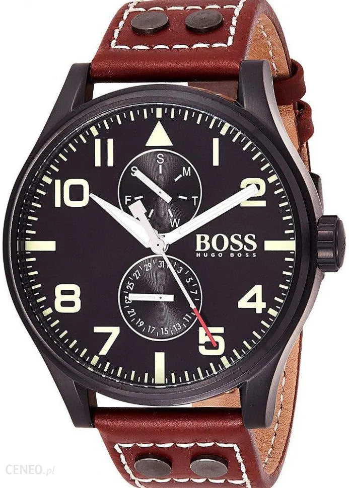 Hugo Boss Aeroliner Day Date Black Dial Brown Leather Strap Watch For Men - HB1513079 Buy Now By Hugo Boss