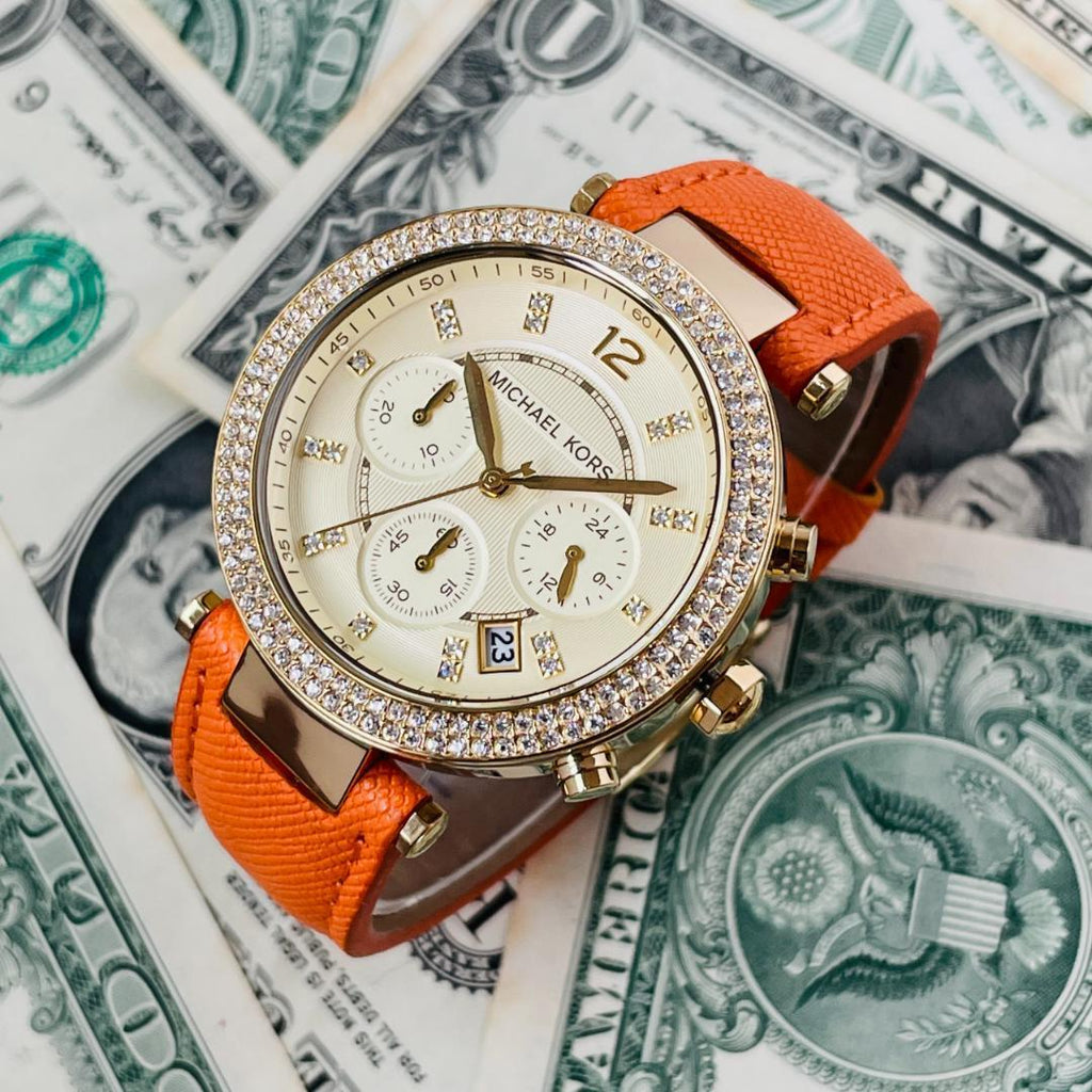 Michael Kors Parker Champagne Dial Orange Leather Strap Watch for Women - MK2279 Buy Now By Michael Kors