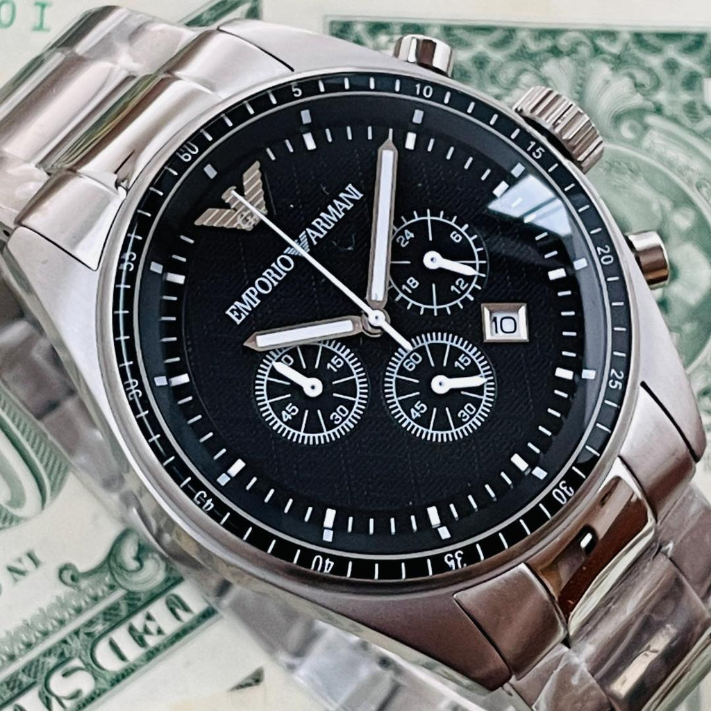 Emporio Armani Sportivo Chronograph Black Dial Silver Stainless Steel Watch For Men - AR0585 Buy Now By Emporio Armani