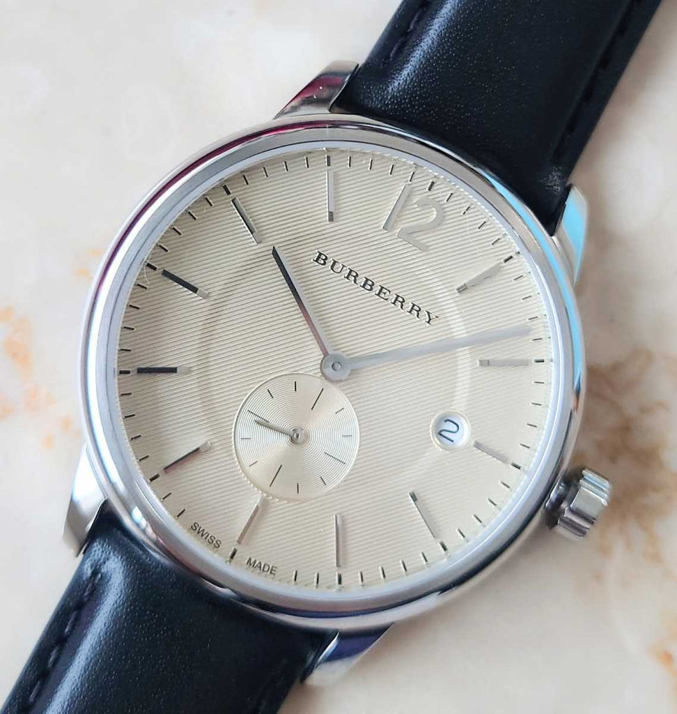Burberry The Classic Horseferry Beige Dial Black Leather Strap Watch for Men - BU10000 Buy Now By Burberry