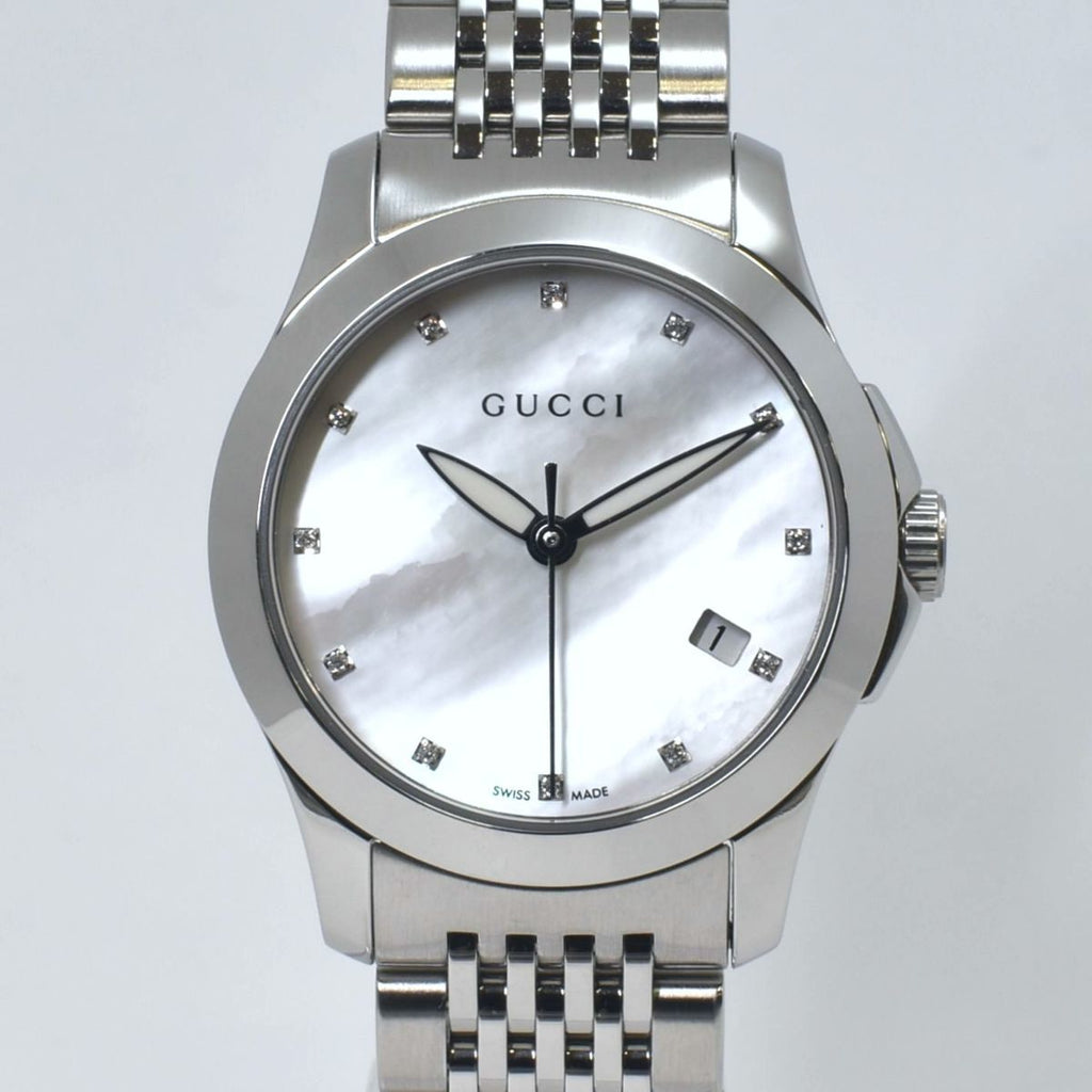 Gucci G Timeless Diamonds Mother of Pearl Dial Silver Steel Strap Watch For Women - YA126504 Buy Now By Gucci
