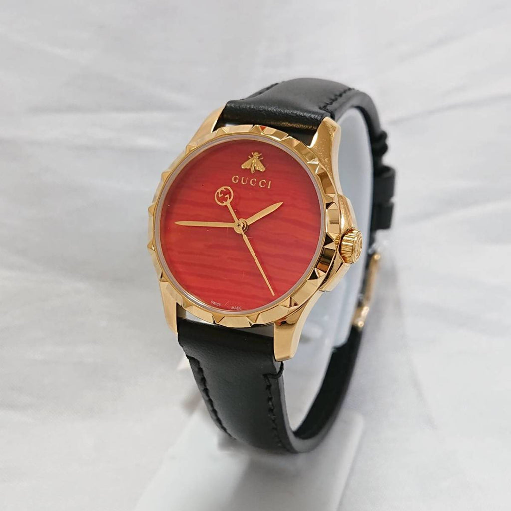 Gucci G Timeless Coral Red Dial Black Leather Strap Watch For Men - YA126464 Buy Now By Gucci