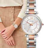 Fossil Carlie Silver Dial Two Tone Steel Strap Watch for Women - ES4342 Buy Now By Fossil