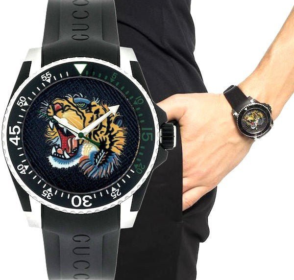 Gucci Dive Tiger Black Dial Black Rubber Strap Watch For Men - YA136318 Buy Now By Gucci