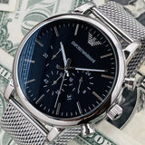 Emporio Armani Luigi Black Dial Silver Mesh Bracelet Watch For Men - AR8032 Buy Now By Emporio Armani