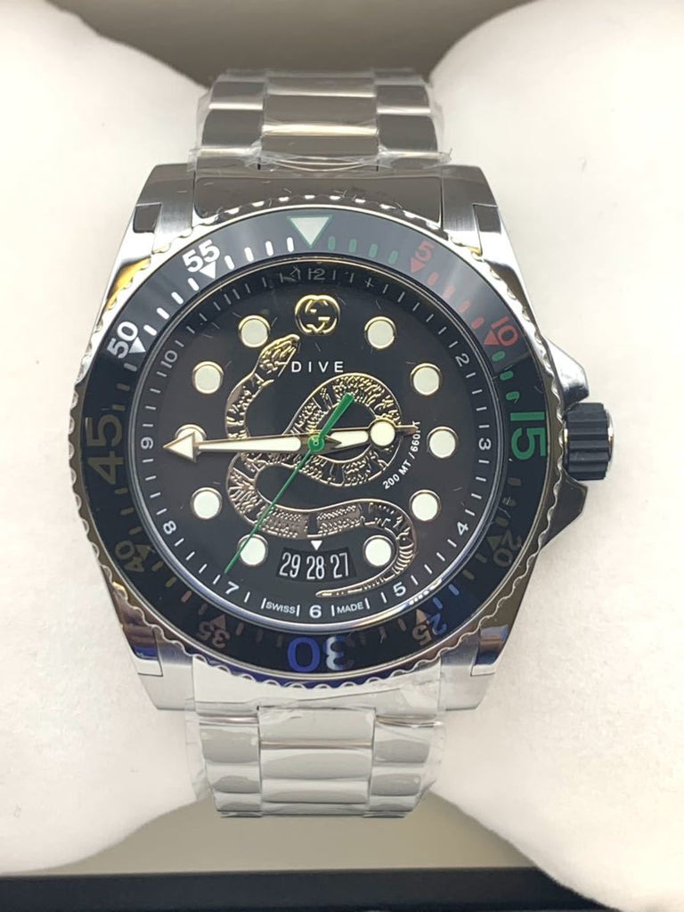 Gucci Dive Snake Black Dial Silver Steel Strap Watch For Men - YA136218 Buy Now By Gucci