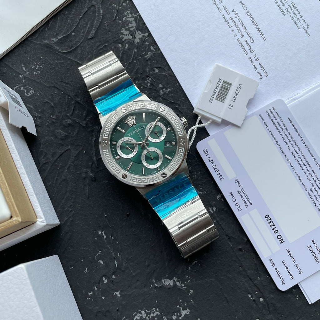 Versace Grace Chronograph Quartz Green Dial Silver Steel Strap Watch For Men - VEZ900121 Buy Now By Versace