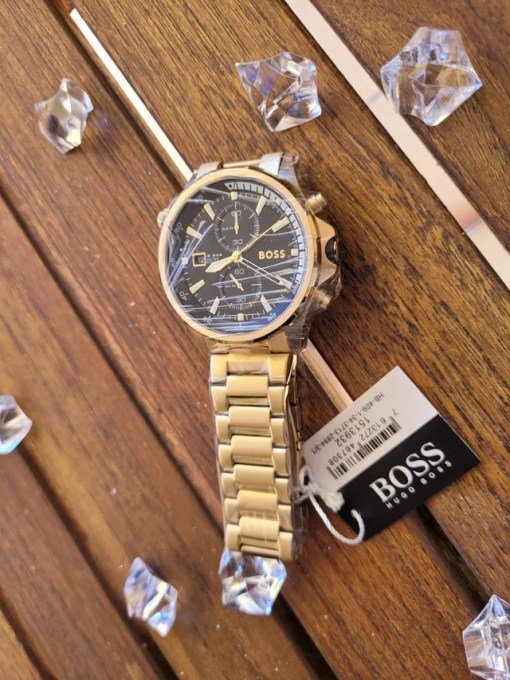 Hugo Boss Globetrotter Chronograph Black Dial Gold Steel Strap Watch for Men - 1513932 Buy Now By Hugo Boss