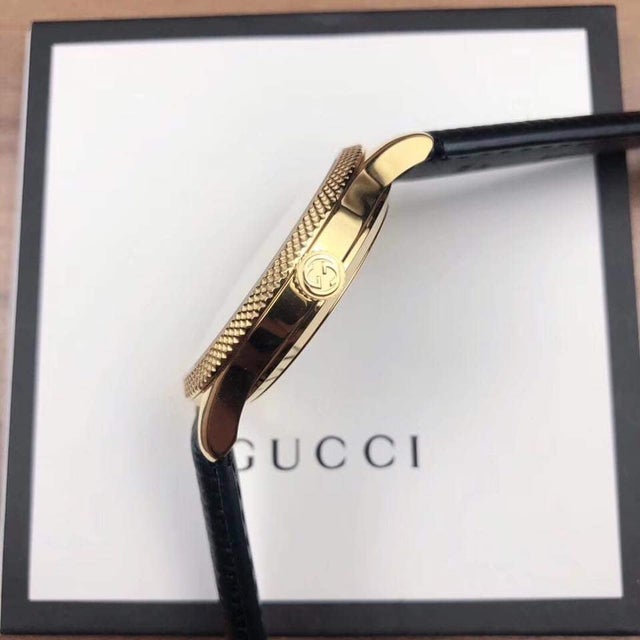 Gucci Eryx Automatic Chevron Gold Dial Black Leather Strap Watch For Men - YA126340 Buy Now By Gucci