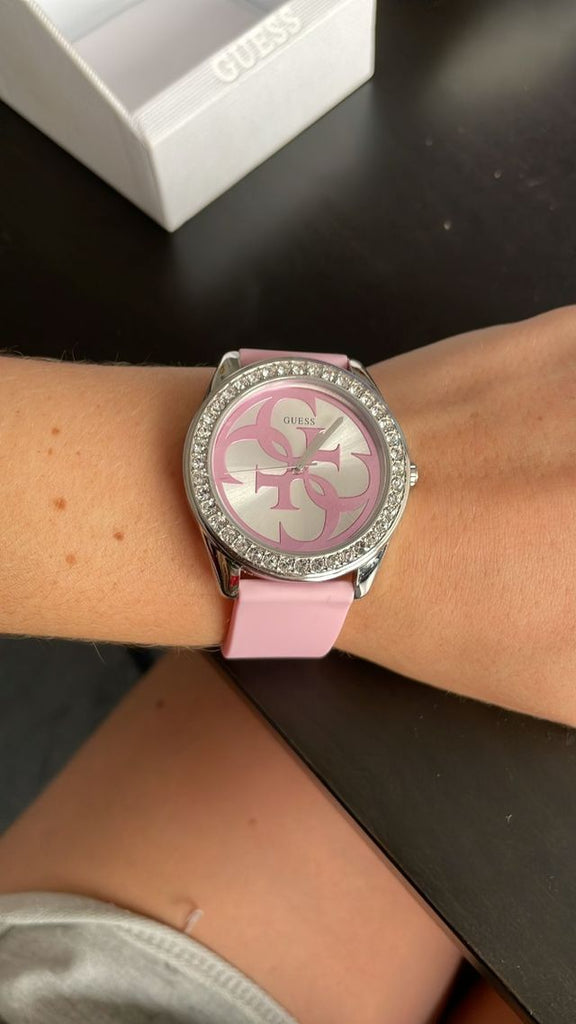 Guess G-Twist Diamonds Silver Dial Pink Rubber Strap Watch for Women - W1240L1 Buy Now By Guess