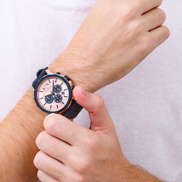 Armani Exchange Hampton Chronograph Rose Gold Dial Blue Silicone Strap Watch For Men - AX1730 Buy Now By Armani Exchange