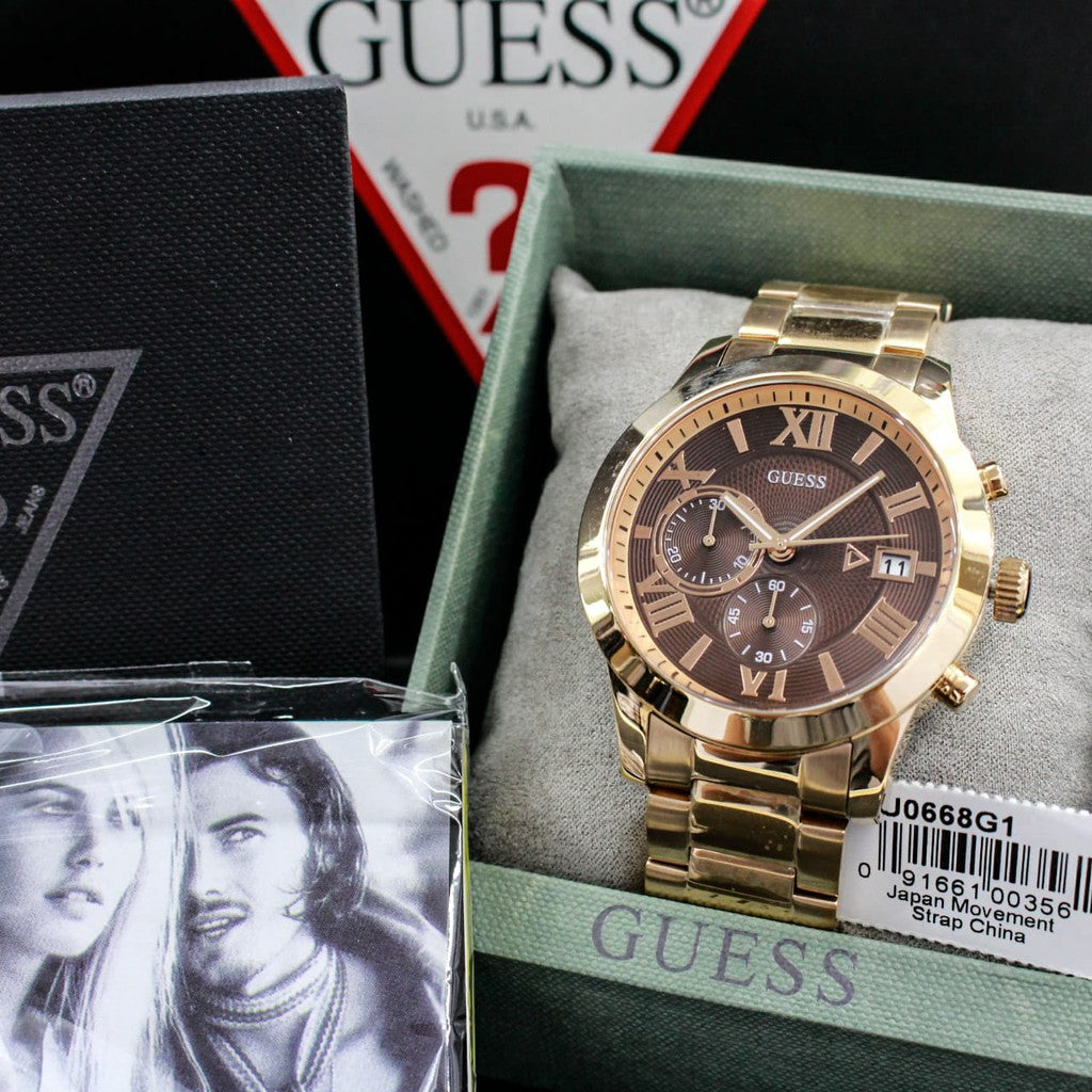 Guess Iconic Signature Brown Dial Rose Gold Steel Strap Watch For Men - W0668G1 Buy Now By Guess