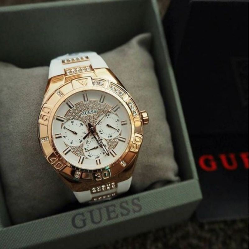 Guess Luna Diamonds White Dial White Rubber Strap Watch for Women - W0653L3 Buy Now By Guess