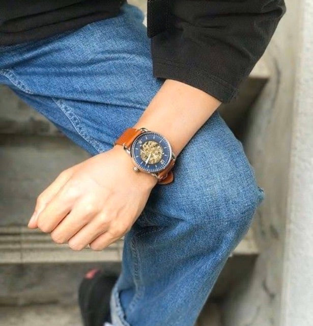 Fossil Commuter Automatic Skeleton Blue Dial Brown Leather Strap Watch for Men - ME3159 Buy Now By Fossil