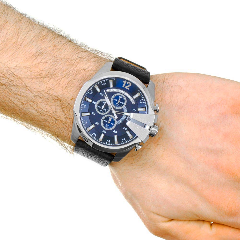 Diesel Mega Chief Chronograph Blue Dial Black Leather Strap Watch For Men - DZ4423 Buy Now By Diesel